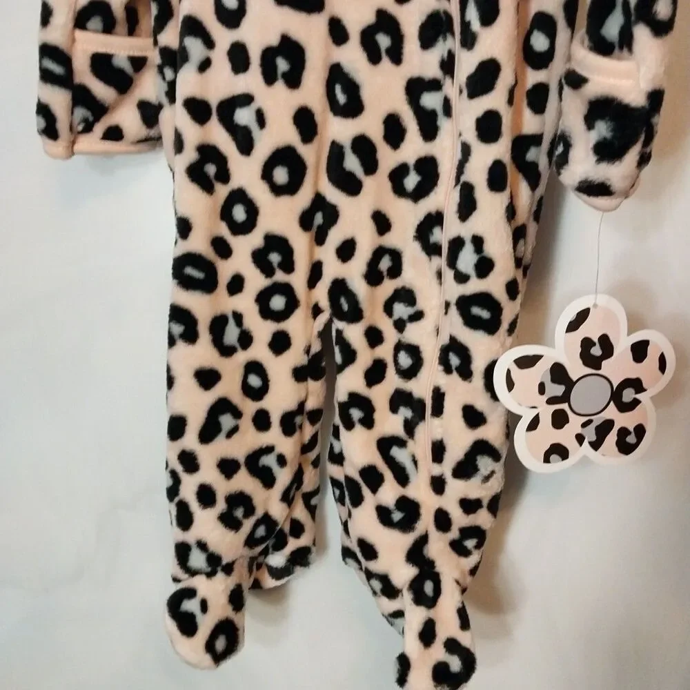Little Beginnings Baby Girl 6-9M Pink Leopard Footed Fleece Sleeper Mitt Cuff